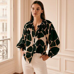 Tucker Black Cream Abstract Printed Silk‎ Classic Blouse